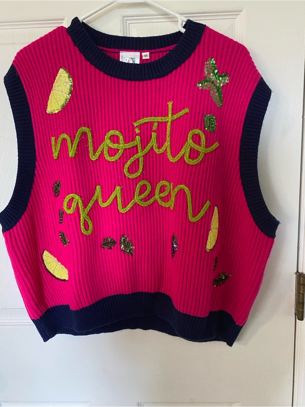 QUEEN OF SPARKLES Hot Pink Sweater Tank with Navy Trim